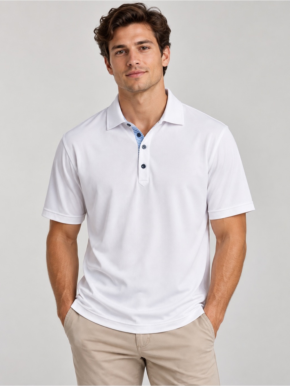 FootJoy Men’s Golf Polo – White / Blue Stripe Trim – Size Large